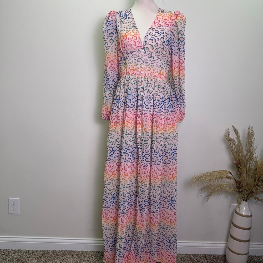 CBR Rainbow Leopard Print V-Neck Button-Front Maxi Dress Size L
